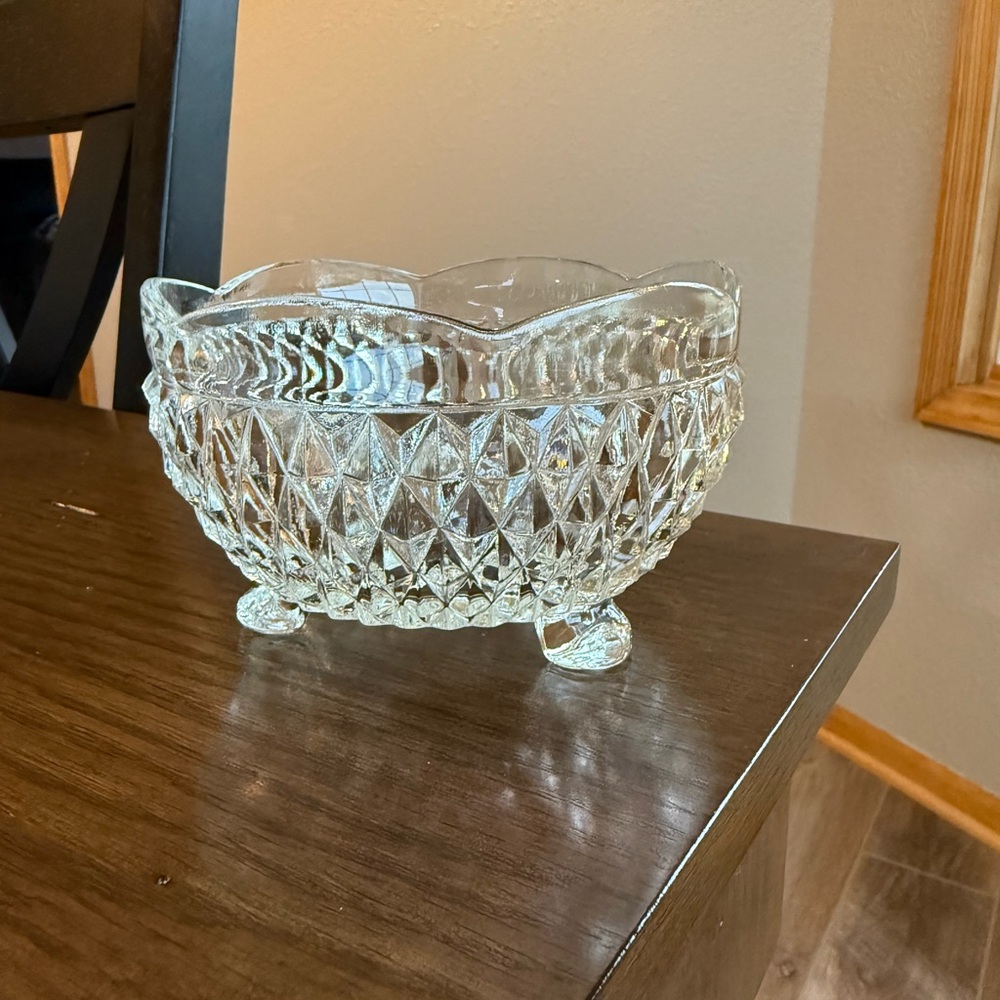Vintage Indiana Glass Diamond Point Clear Footed Candy/Nut Dish
